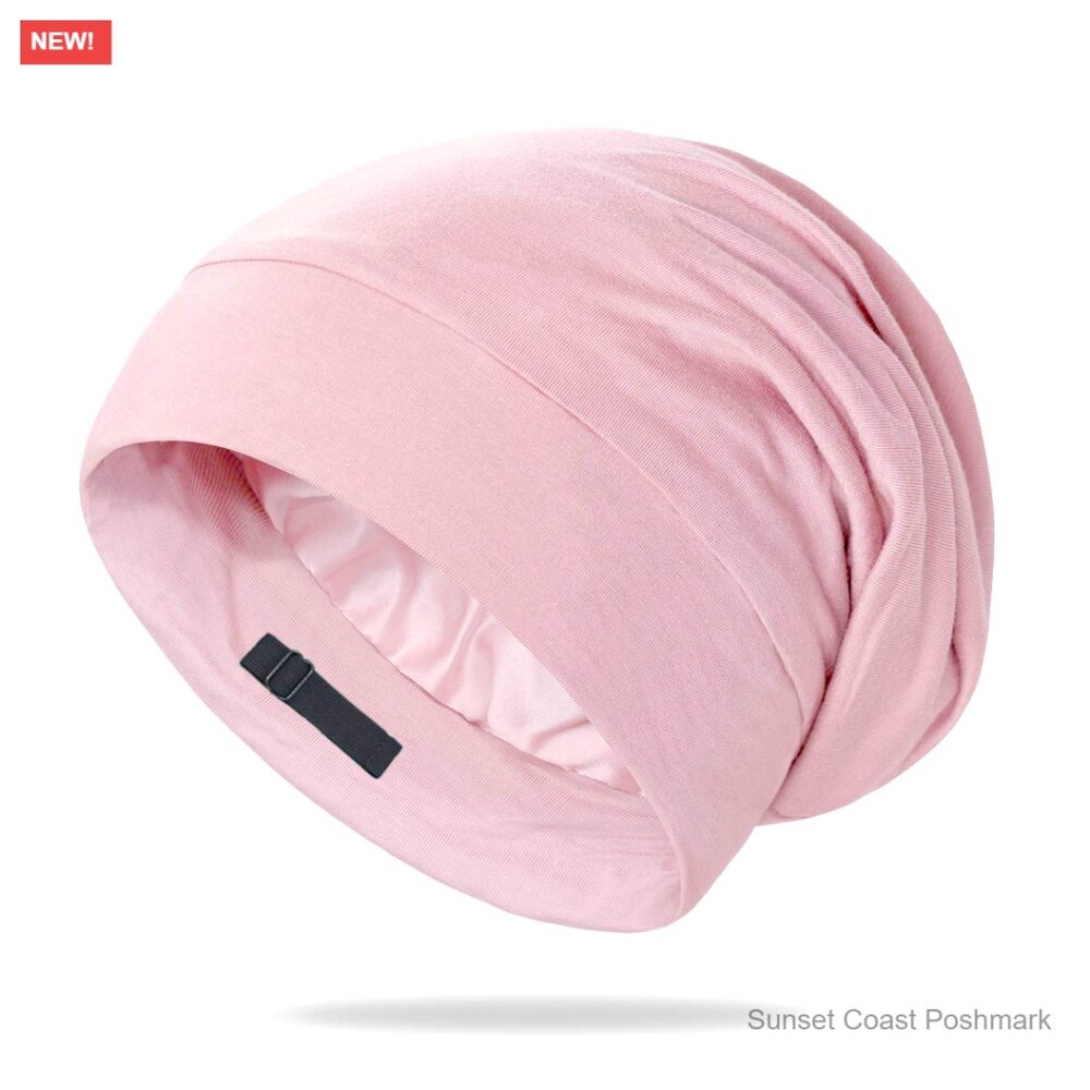 Mulberry Silk Sleeping Bonnet in Pink Adjustable Strap Hair Protection Night Cap
